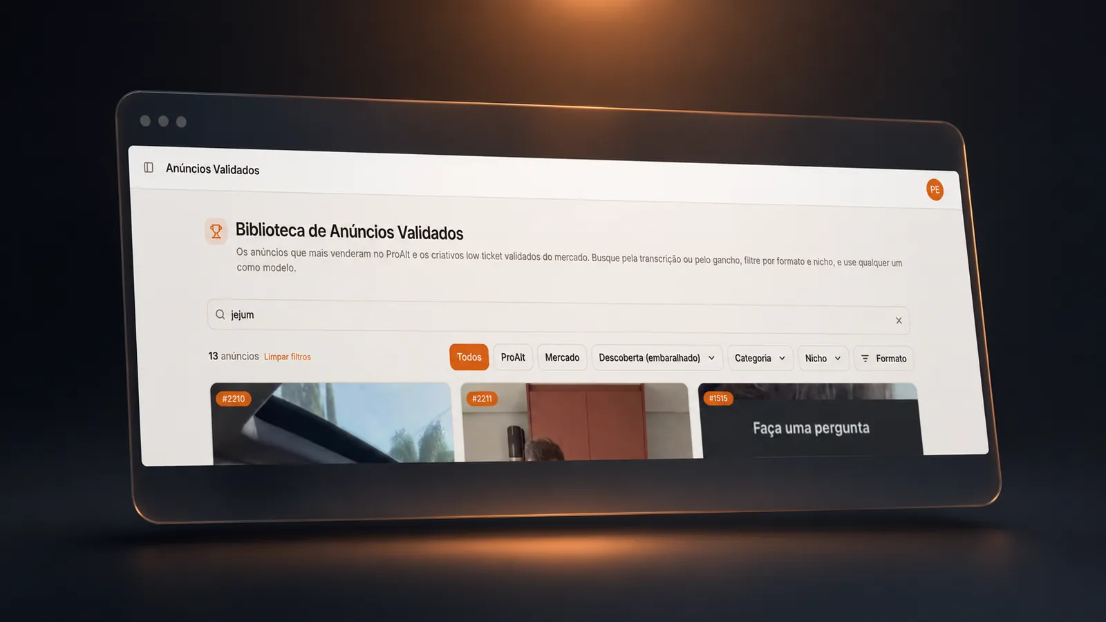 Busca e filtros por nicho, formato e validação