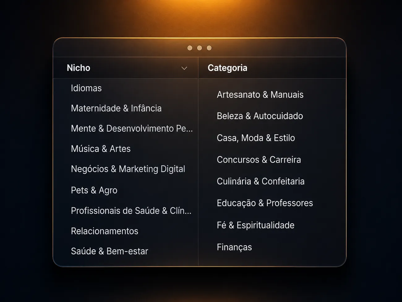 Filtro de nicho e categoria aberto