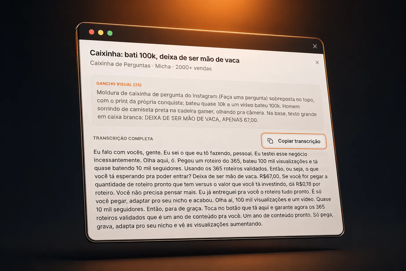 Transcrição completa do anúncio com botão Copiar transcrição